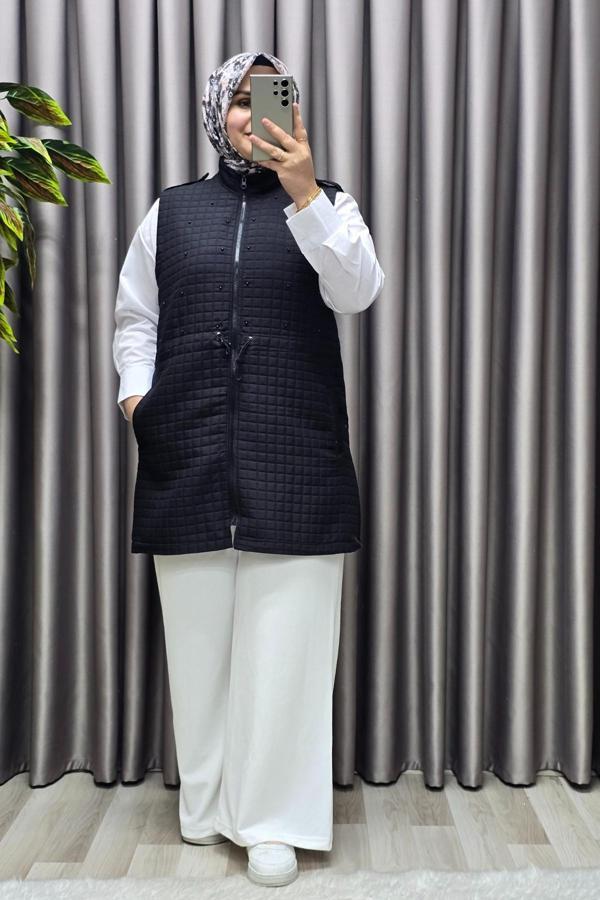 Kadın Giyim Büyük Beden İnci Detay Kapitone Yelek  - Image 1