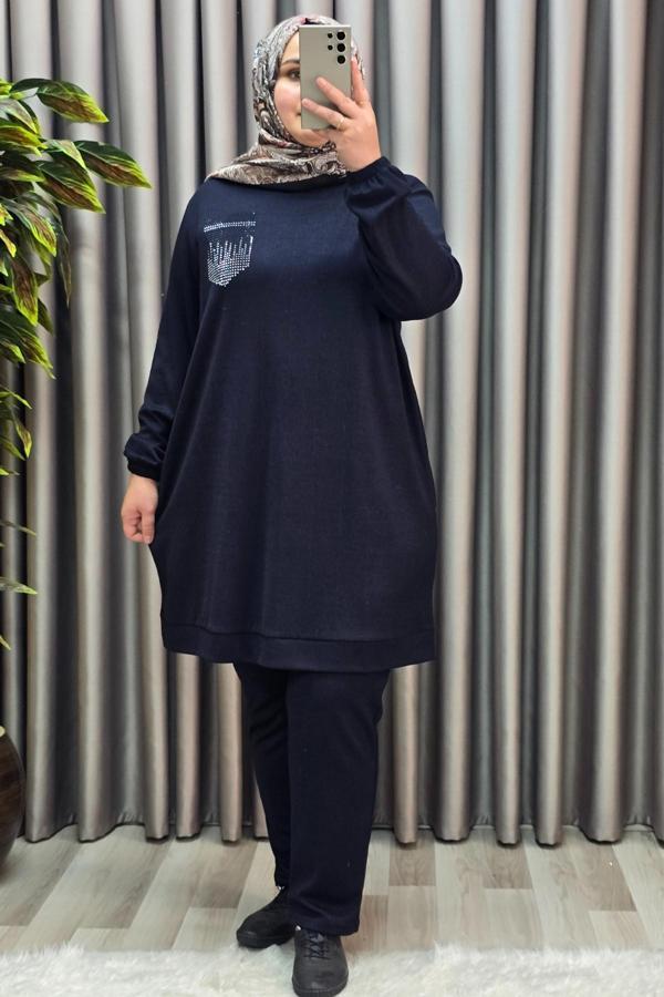 Kadın Tesettür Giyim Büyük Beden Cebi Taş İşlmeli İkili Takım  - Image 1