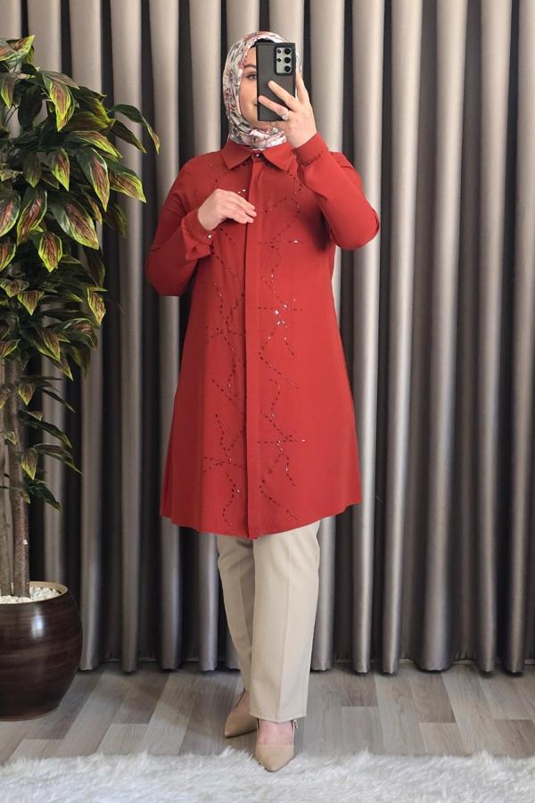 Kadın Tesettür Giyim Büyük Beden Suyolu Taşlı Gömlek  - Image 1