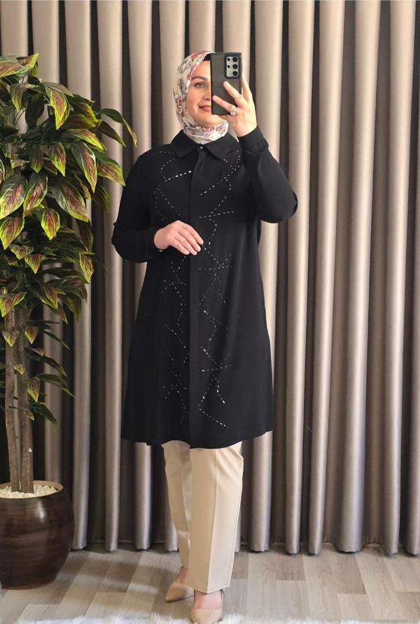 Kadın Tesettür Giyim Büyük Beden Suyolu Taşlı Gömlek  - Image 1