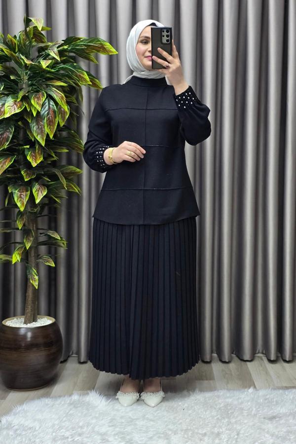 Kadın Tesettür Giyim Büyük Beden Krep Etekli Takım  - Image 1