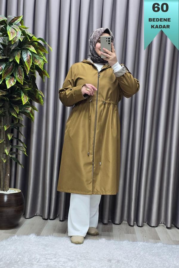Kadın Tesettür Giyim Büyük Beden Fransız Boy Mevsimlik Trençkot  - Image 1
