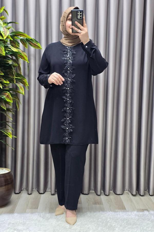 Kadın Tesettür Giyim Büyük Beden Kabartma Çiçekli Krep İkili Takım  - Image 1