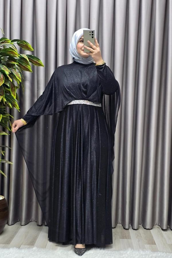 Kadın Tesettür Büyük Beden Giyim Simli  Pelerinli Abiye  - Image 1