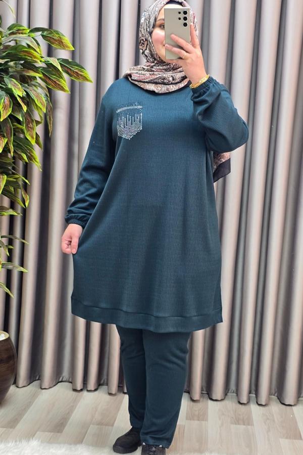 Kadın Tesettür Giyim Büyük Beden Cebi Taş İşlmeli İkili Takım  - Image 1