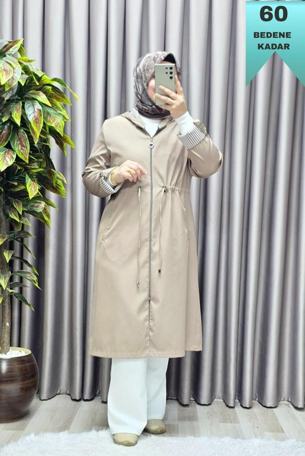 Kadın Tesettür Giyim Büyük Beden Fransız Boy Mevsimlik Trençkot  - Image 1