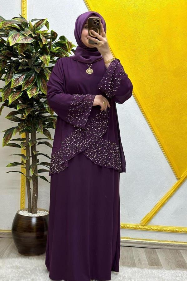 Kadın Tesettür Giyim Büyük Beden Çarpraz Taşlı Abiye  - Image 1