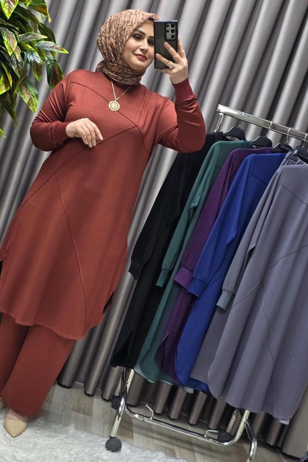 Kadın Tesettür Büyük Beden Giyim Nervürlü İkili Takım  - Image 1