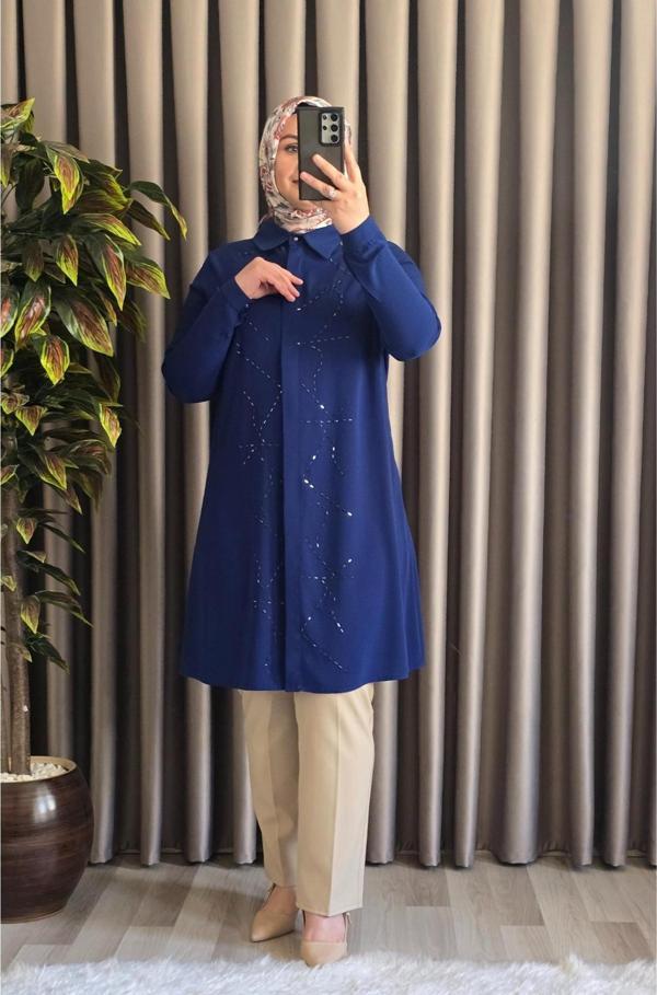 Kadın Tesettür Giyim Büyük Beden Suyolu Taşlı Gömlek  - Image 1