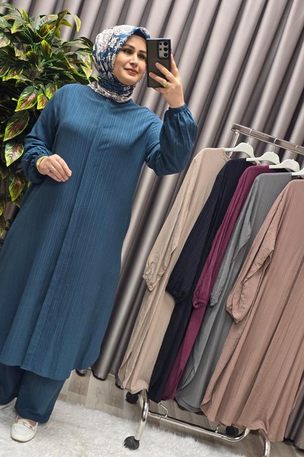 Kadın Tesettür Giyim Büyük Beden Gofre İkili Takım  - Image 1