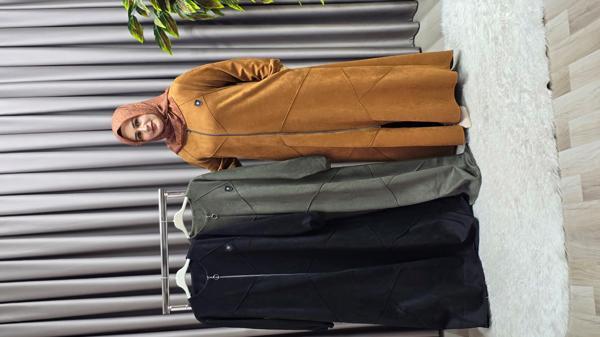 Kadın Giyim Büyük Beden Tam Boy Baklava Desenli Uzun Süet Pardesü  - Image 1