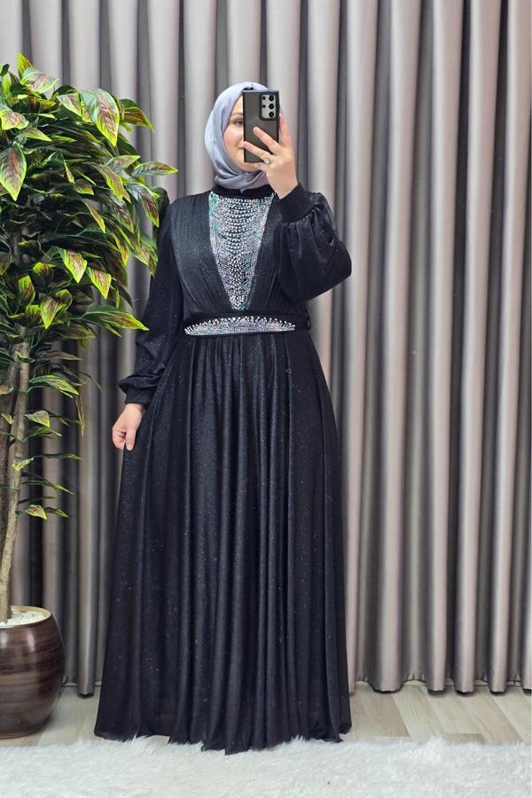 Kadın Tesettür Giyim Büyük Beden Simli Kübra Abiye  - Image 1