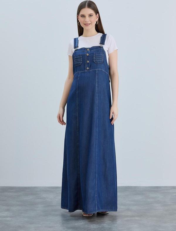 IŞŞIL 442-Mini Cep Hamile Liyocell Bahçıvan Maxi Tesettür Elbise - Image 1