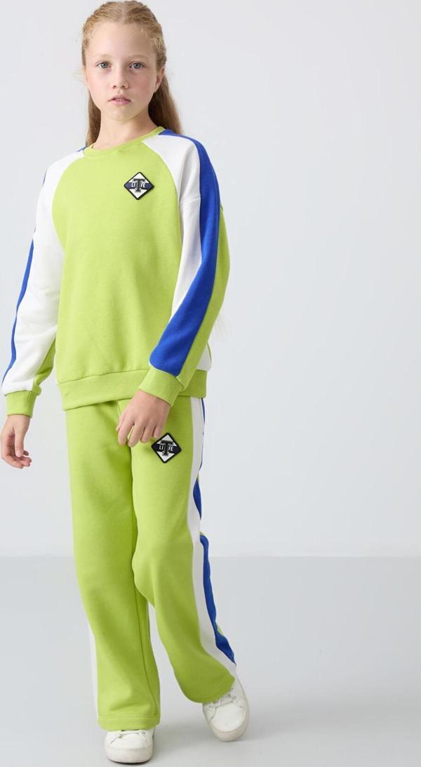 Lime Yeşil O Yaka Geniş Paça Standart Fit Baskılı Kız Çocuk Eşofman Takım - 75165 - Image 1