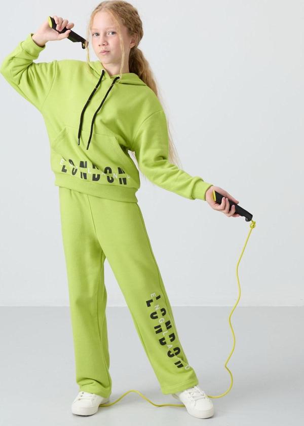 Lime Yeşil Pamuklu İçi Tüylü Yumuşak Dokulu Oversize Baskılı Kız Çocuk Eşofman Takım - 75147 - Image 1