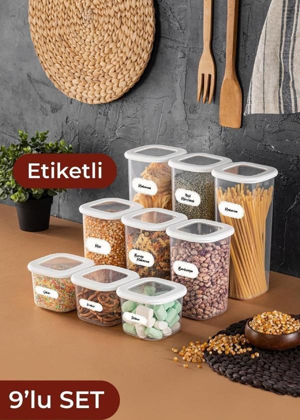 Vienev Etiketli Kare Erzak Saklama Kabı 9'lu Set 3x 0,55 Litre, 1,2 Litre, 1,75 Litre Beyaz Çok Renkli - Image 1