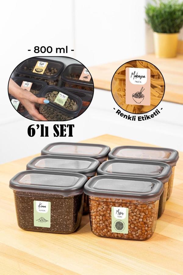 Vienev Renkli Etiketli 6lı Peggy Dikdörtgen Saklama Kabı Seti 800 Ml Antrasit - Image 1