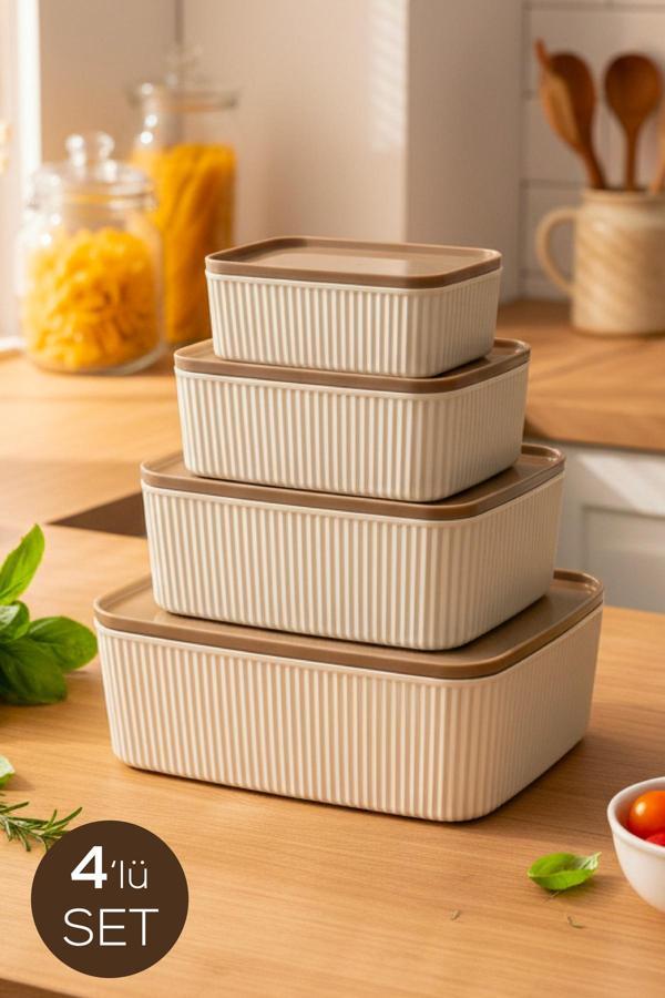 4'lü Dikdörtgen Saklama Kabı Seti Bej | 2.5L 1.5L 0.80L 0.45L | Mikrodalga ve Dondurucu Uyumlu - Image 1