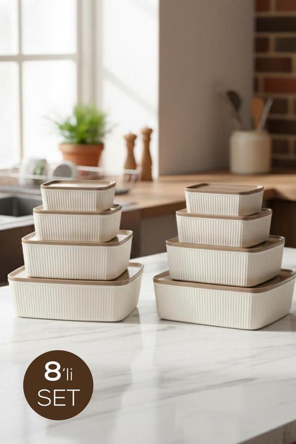 8'li Dikdörtgen Saklama Kabı Seti Bej | 2.5L 1.5L 0.80L 0.45L | Mikrodalga ve Dondurucu Uyumlu - Image 1