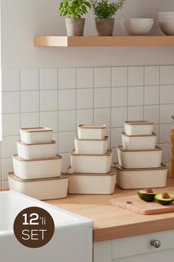 12'li Dikdörtgen Saklama Kabı Seti Bej | 2.5L 1.5L 0.80L 0.45L | Mikrodalga ve Dondurucu Uyumlu - Image 1