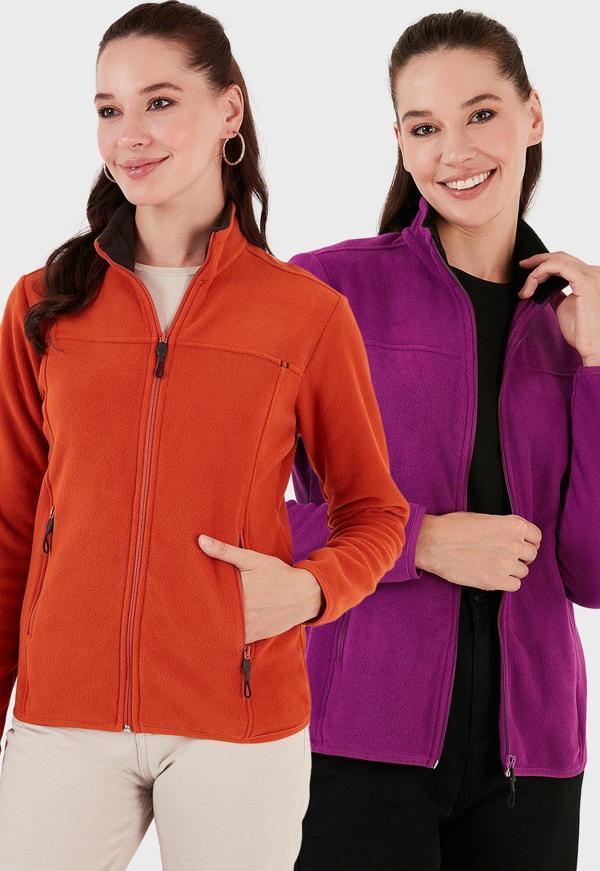 Lela Slim Fit Anti-Pilling Tüylenme Yapmayan Fermuarlı Cepli Hırka 2' li Paket Bayan Polar 5907002S2 Mor-Oranj - Image 1