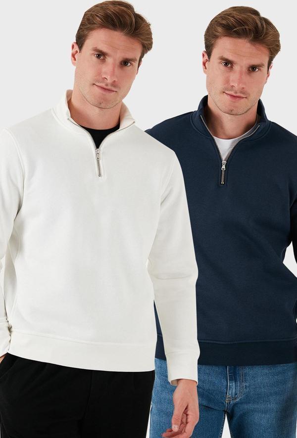 Buratti Pamuklu Regular Fit Dik Yaka 2'li Paket Erkek Sweat 59052592S2 Ekru-Koyu Lacivert - Image 1