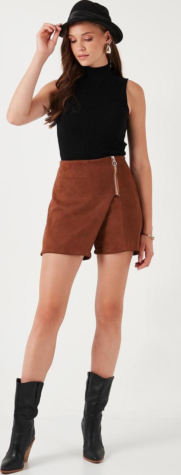 Lela Streç Slim Fit Asimetrik Kesim Fermuarlı Kışlık Bayan Şort Etek 5865969 TABA - Image 1