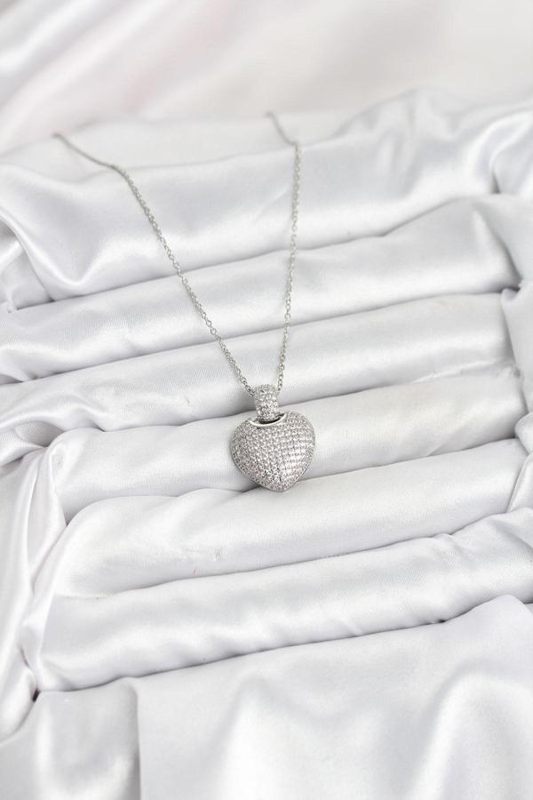 Zarif Boyunlar için Silver Çelik Zirkonlu Zincir Kalpli Stil Kadın Kolye - Image 1