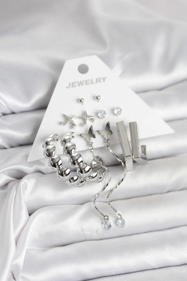 Zarif Kulaklar için 6PARÇA Silver Pirinç Model Kadın Küpe Seti - Image 1