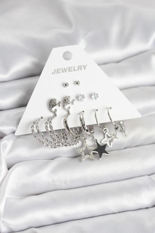 Zarif Kulaklar için 6PARÇA Silver Pirinç Yapım Kadın Küpe Seti - Image 1