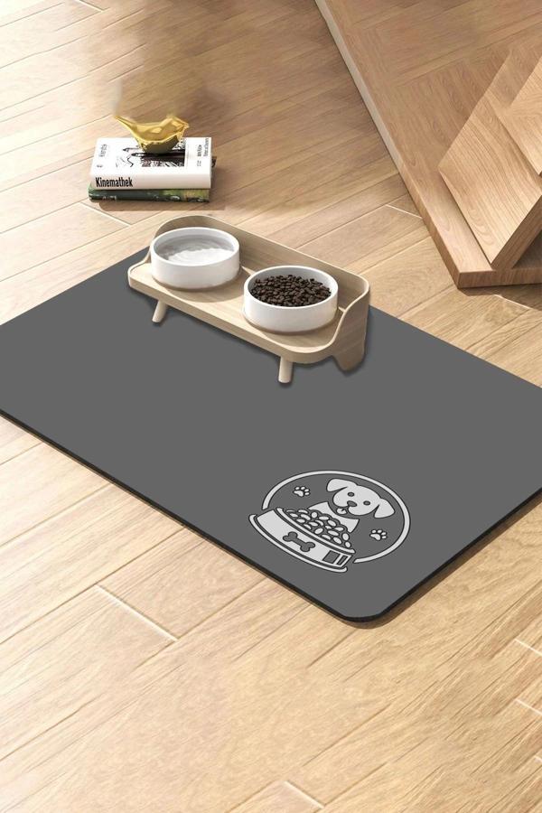 MAtGo Pati Gri Köpekli Evcil Hayvan Beslenme Matı Sıvı Geçirmez Kedi Köpek Mama Paspası 50x70cm - Image 1