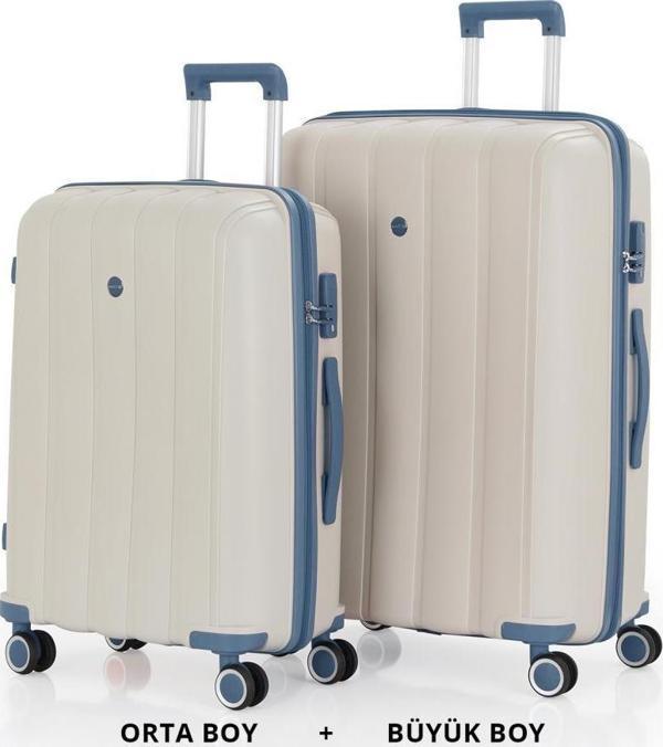MÇS Bavul Büyük ve Orta 2li Set Kırılmaz Silikon Valiz V305 Kemik/SkyBlue - Image 1
