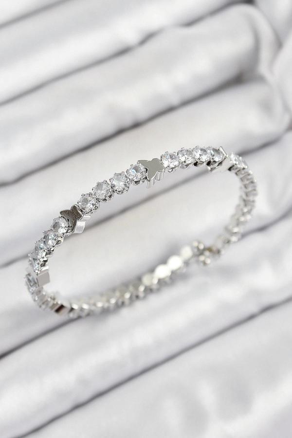 BFS Pirinç Zirkon Taşlı Kalp Model Gümüş Renk Yaylı Kadın Bileklik - Image 1