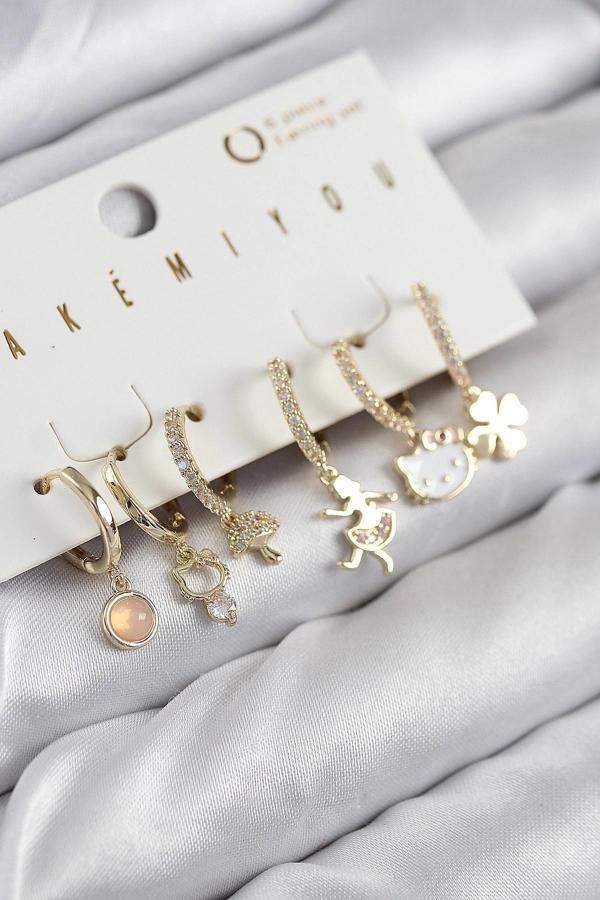 BFS Pirinç Zirkon Taşlı Hello Kity Ve Yonca Model Gold Renk 6'lı Küpe Set - Image 1