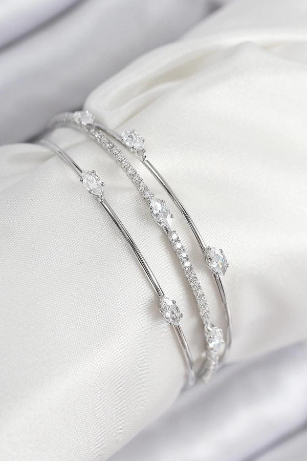 BFS Pirinç Zirkon Taşlı Su Yolu Model Gümüş Renk Kadın Bileklik - Image 1