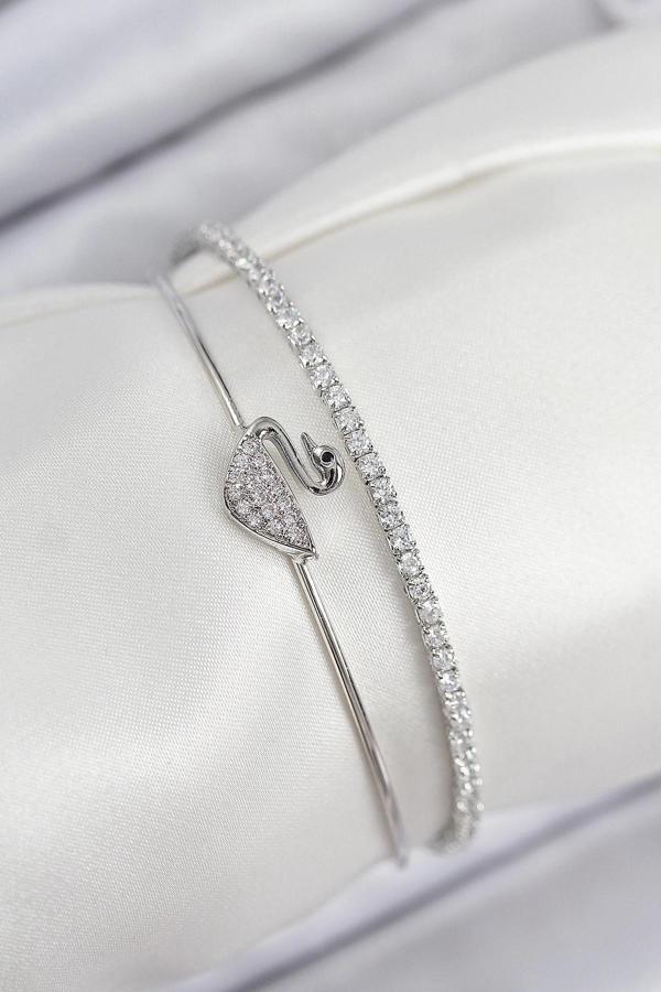 BFS Pirinç Zirkon Taşlı Kuğu Model Gümüş Renk Kadın Bileklik - Image 1