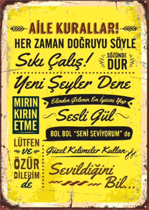 Aile Kuralları Temalı Retro Ahşap Tablo - Sevgi ve Değer Odaklı Dekor Tasarımı - Image 1