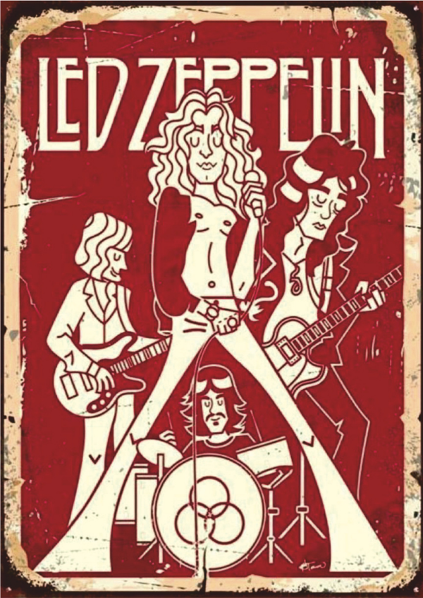 Led Zeppelin Temalı Karikatürize Rock Grubu Ahşap Retro Poster Tablo - Image 1