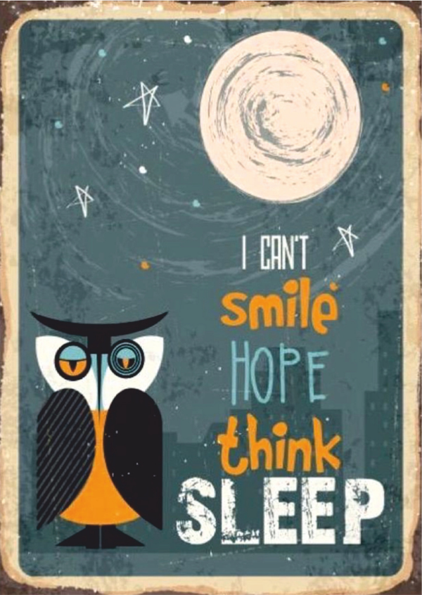 I Can't Sleep Temalı Baykuşlu Retro Ahşap Tablo - Uykusuzluk ve Ruh Hali Posteri - Image 1