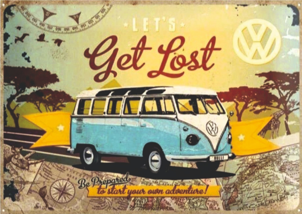 Let's Get Lost VW Minibüs Temalı Ahşap Retro Seyahat Posteri - Image 1