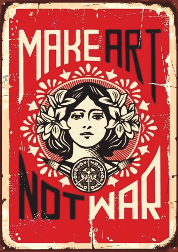 Make Art Not War Yazılı Sanat ve Barış Temalı Ahşap Retro Poster Tablo - Image 1