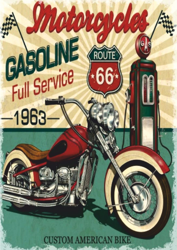 Route 66 Motosiklet ve Benzin İstasyonu Temalı Ahşap Retro Poster Tablo - Image 1