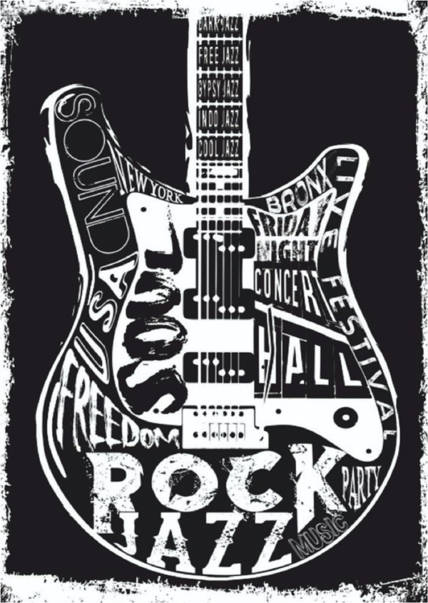 Rock Jazz Gitar Temalı Ahşap Tablo - Siyah Beyaz Müzik Poster Tasarımı - Image 1