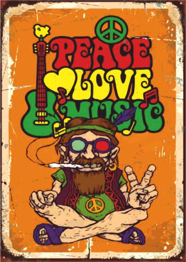 Peace Love Music Retro Ahşap Tablo - Hippi Temalı Nostaljik Poster - Image 1