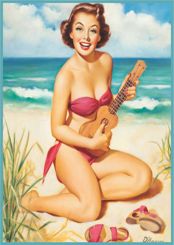 Retro Plaj Temalı Ukuleleli Kadın Ahşap Tablo - Image 1