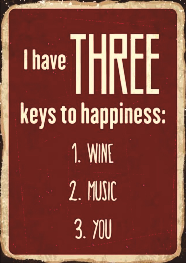 Three Keys to Happiness Retro Ahşap Tablo - Şarap, Müzik ve Aşk Temalı Yazı Tasarımı - Image 1
