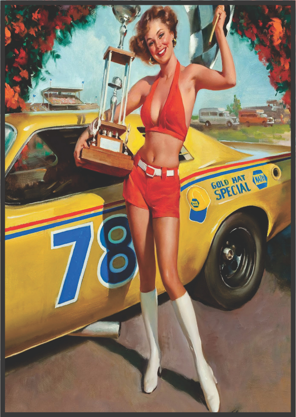 Yarış Arabası ve Kupa Tutan Retro Kadın Temalı Ahşap Tablo - Image 1