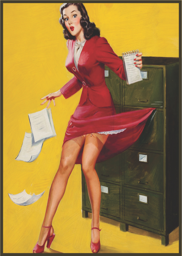 Retro Sekreter Figürlü Ahşap Tablo – Renkli Ofis Temalı Dekor - Image 1