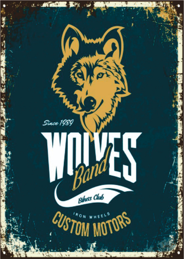 Wolves Band Retro Ahşap Tablo – Kurt ve Bikers Club Temalı Custom Motors Tasarımı - Image 1