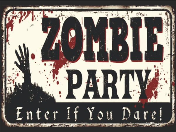 Zombie Party Retro Ahşap Tablo – Korku Temalı Eğlenceli Kan Efektli Tasarım - Image 1